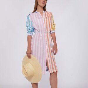 Vilagallo Multicolor Striped Linen Shirt Dress — Pink, Orange, Green